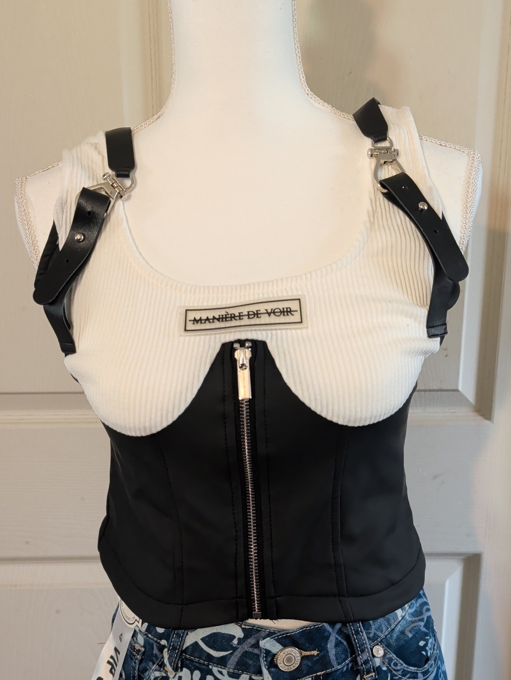 Manière De Voir White Ribbed Tank with Black Faux-Leather Harness Bustier